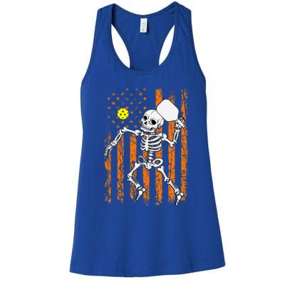 Retro Skeleton Playing Pickleball USA Flag Halloween Women's Racerback Tank