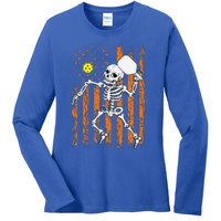 Retro Skeleton Playing Pickleball USA Flag Halloween Ladies Long Sleeve Shirt