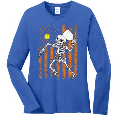 Retro Skeleton Playing Pickleball USA Flag Halloween Ladies Long Sleeve Shirt