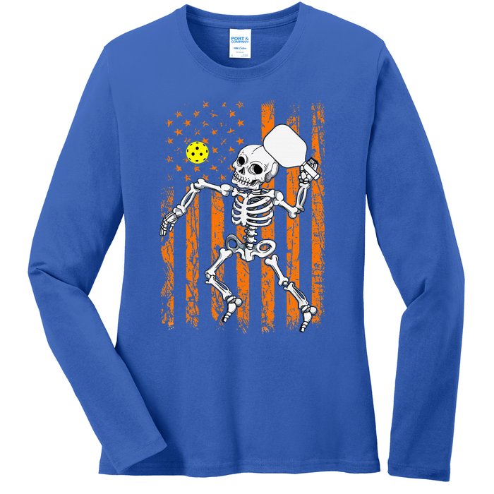 Retro Skeleton Playing Pickleball USA Flag Halloween Ladies Long Sleeve Shirt