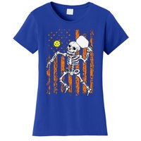 Retro Skeleton Playing Pickleball USA Flag Halloween Women's T-Shirt