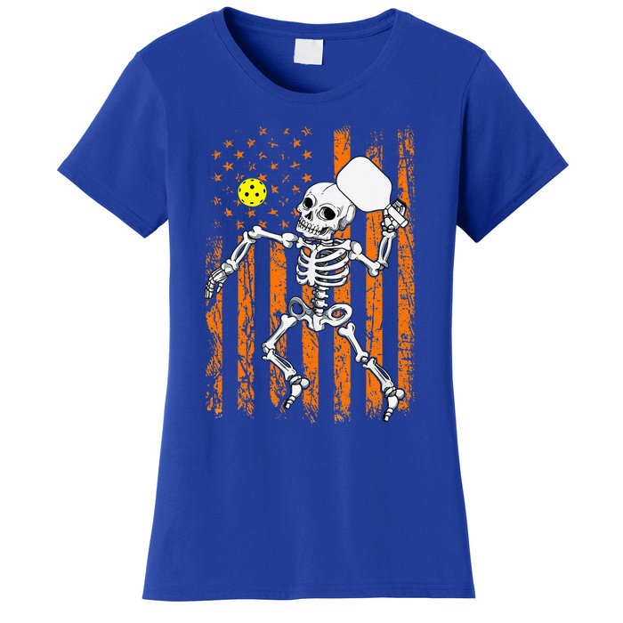 Retro Skeleton Playing Pickleball USA Flag Halloween Women's T-Shirt