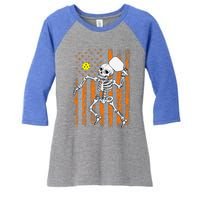 Retro Skeleton Playing Pickleball USA Flag Halloween Women's Tri-Blend 3/4-Sleeve Raglan Shirt