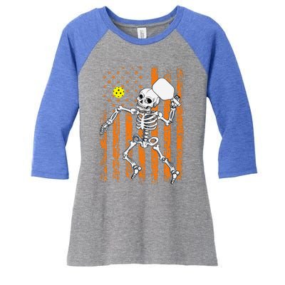 Retro Skeleton Playing Pickleball USA Flag Halloween Women's Tri-Blend 3/4-Sleeve Raglan Shirt