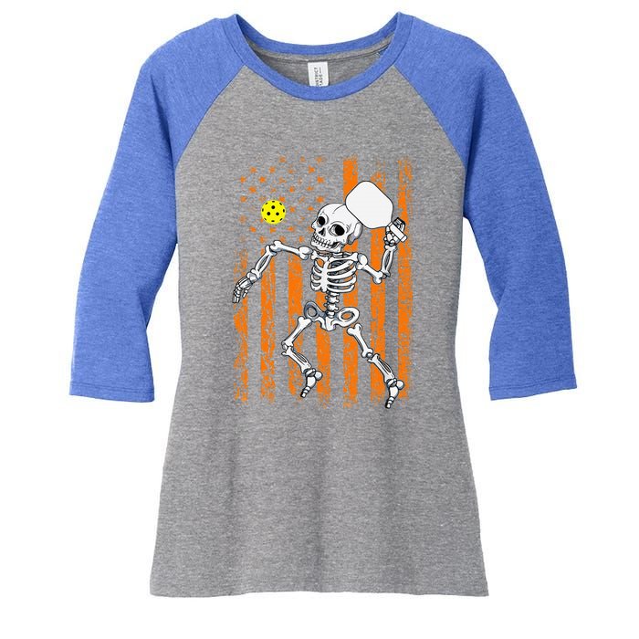 Retro Skeleton Playing Pickleball USA Flag Halloween Women's Tri-Blend 3/4-Sleeve Raglan Shirt