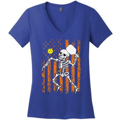 Retro Skeleton Playing Pickleball USA Flag Halloween Women's V-Neck T-Shirt