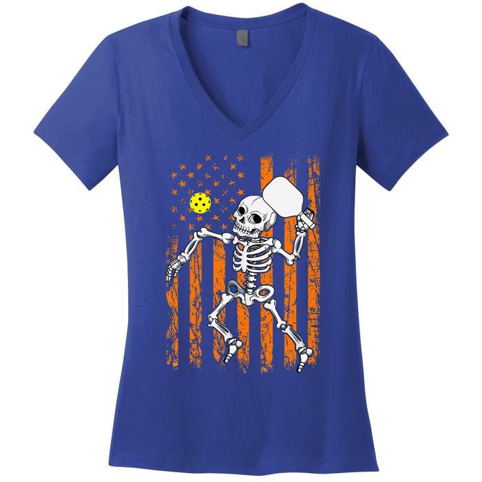 Retro Skeleton Playing Pickleball USA Flag Halloween Women's V-Neck T-Shirt