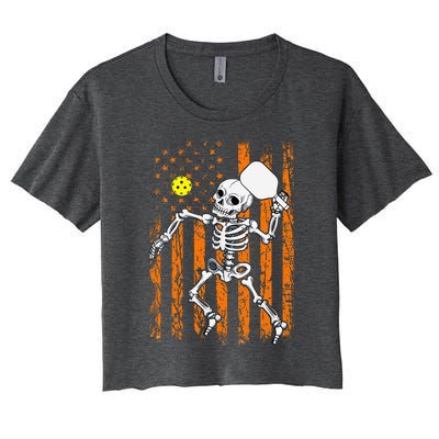 Retro Skeleton Playing Pickleball USA Flag Halloween Women's Crop Top Tee