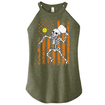 Retro Skeleton Playing Pickleball USA Flag Halloween Women's Perfect Tri Rocker Tank