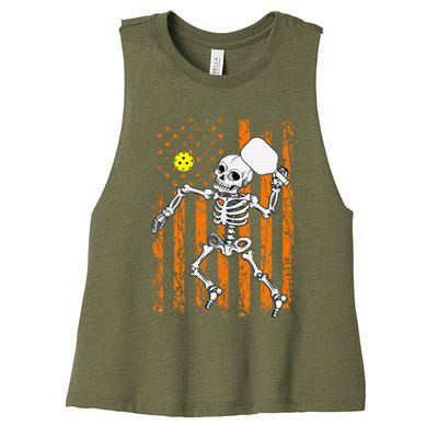 Retro Skeleton Playing Pickleball USA Flag Halloween Women's Racerback Cropped Tank