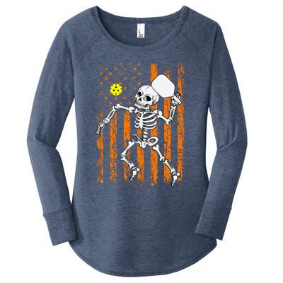 Retro Skeleton Playing Pickleball USA Flag Halloween Women's Perfect Tri Tunic Long Sleeve Shirt