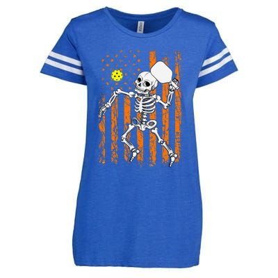 Retro Skeleton Playing Pickleball USA Flag Halloween Enza Ladies Jersey Football T-Shirt