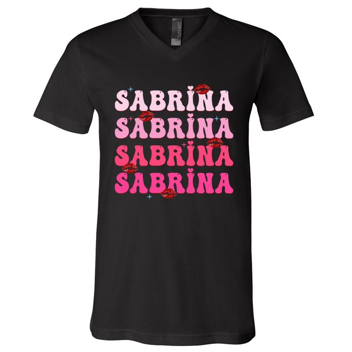 Retro Sabrina Personalized Name I Love Sabrina Groovy Meme V-Neck T-Shirt