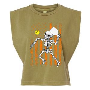 Retro Skeleton Playing Pickleball USA Flag Halloween Garment-Dyed Women's Muscle Tee