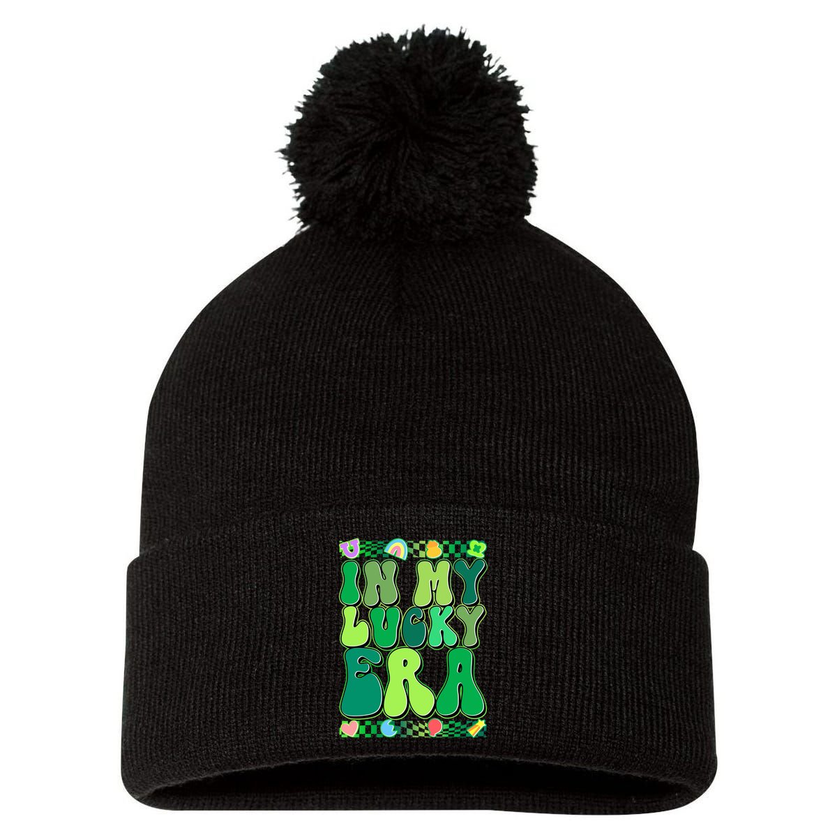 Retro St Patricks Day In My Lucky Era Pom Pom 12in Knit Beanie