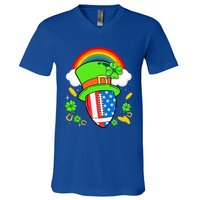 Rugby St Patricks Day Usa Flag Rainbow Shamrock Clover Gift V-Neck T-Shirt