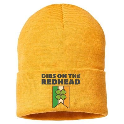 Retro St Patricks Day Dibs On The Redhead Funny Sustainable Knit Beanie