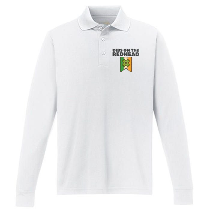 Retro St Patricks Day Dibs On The Redhead Funny Performance Long Sleeve Polo