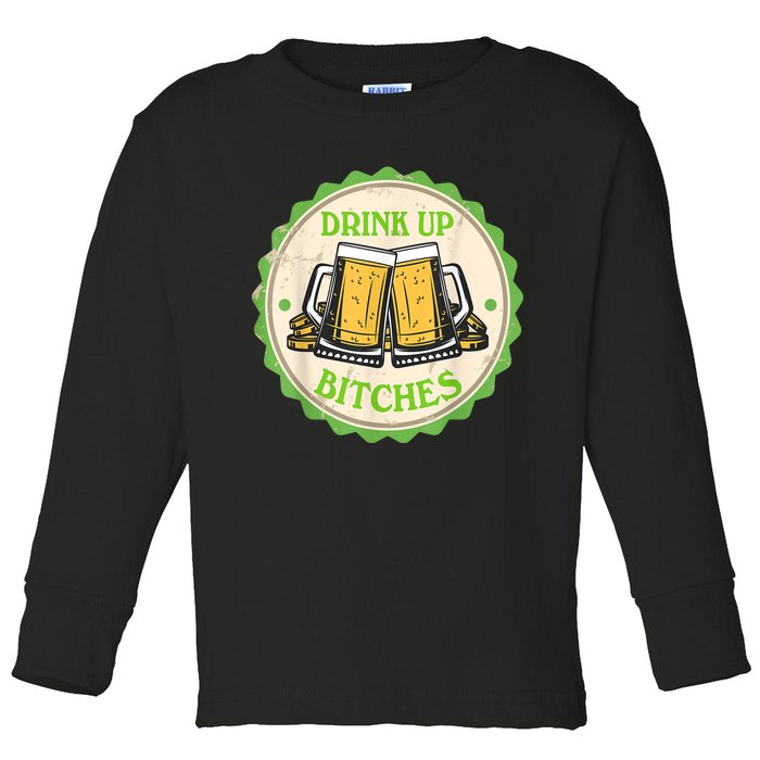 Retro St Patricks Day Drink Up Bitchs Shamrock Clover Beer Gift Toddler Long Sleeve Shirt