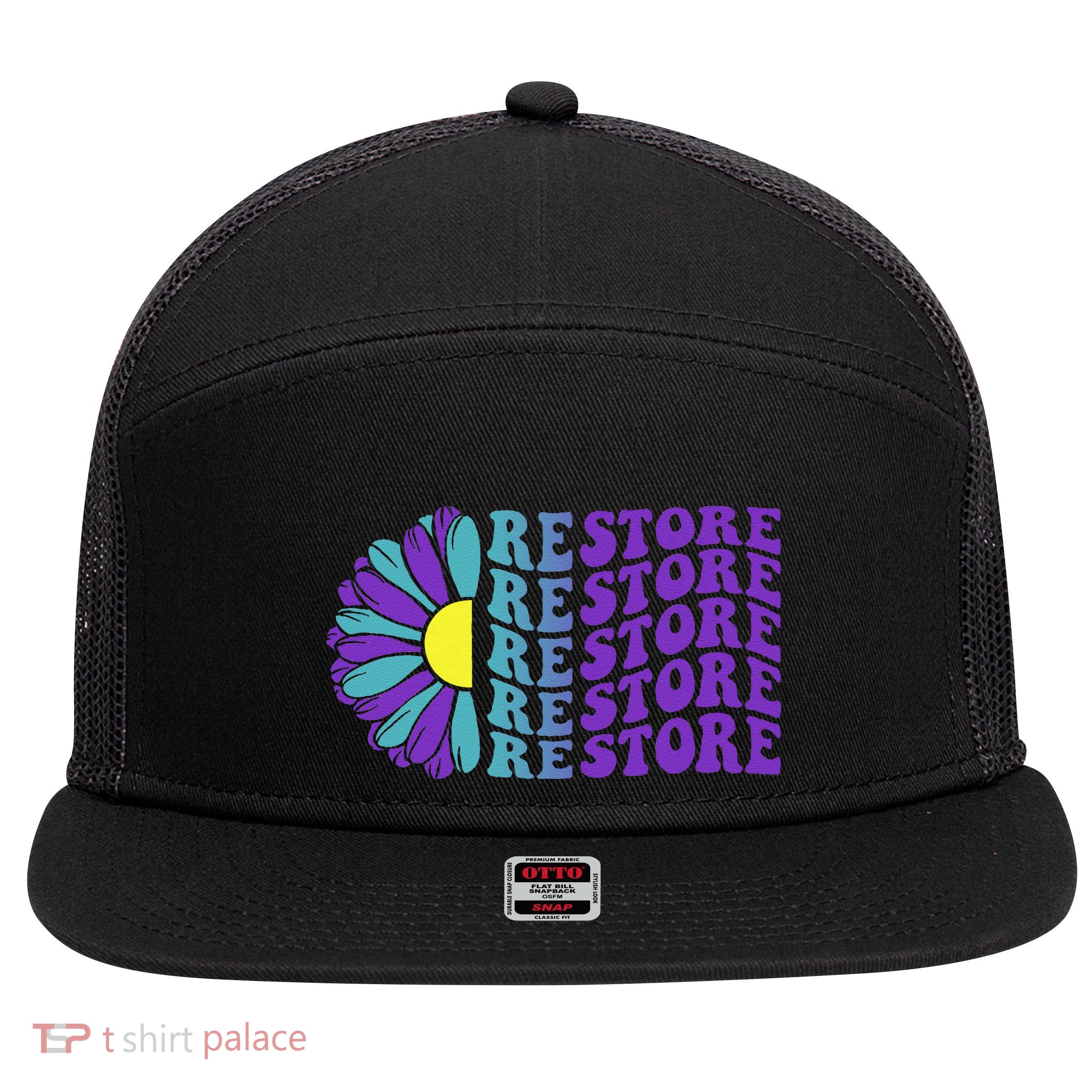 Restore Suicide Prevention Awareness Sunflower 7 Panel Mesh Trucker Snapback Hat