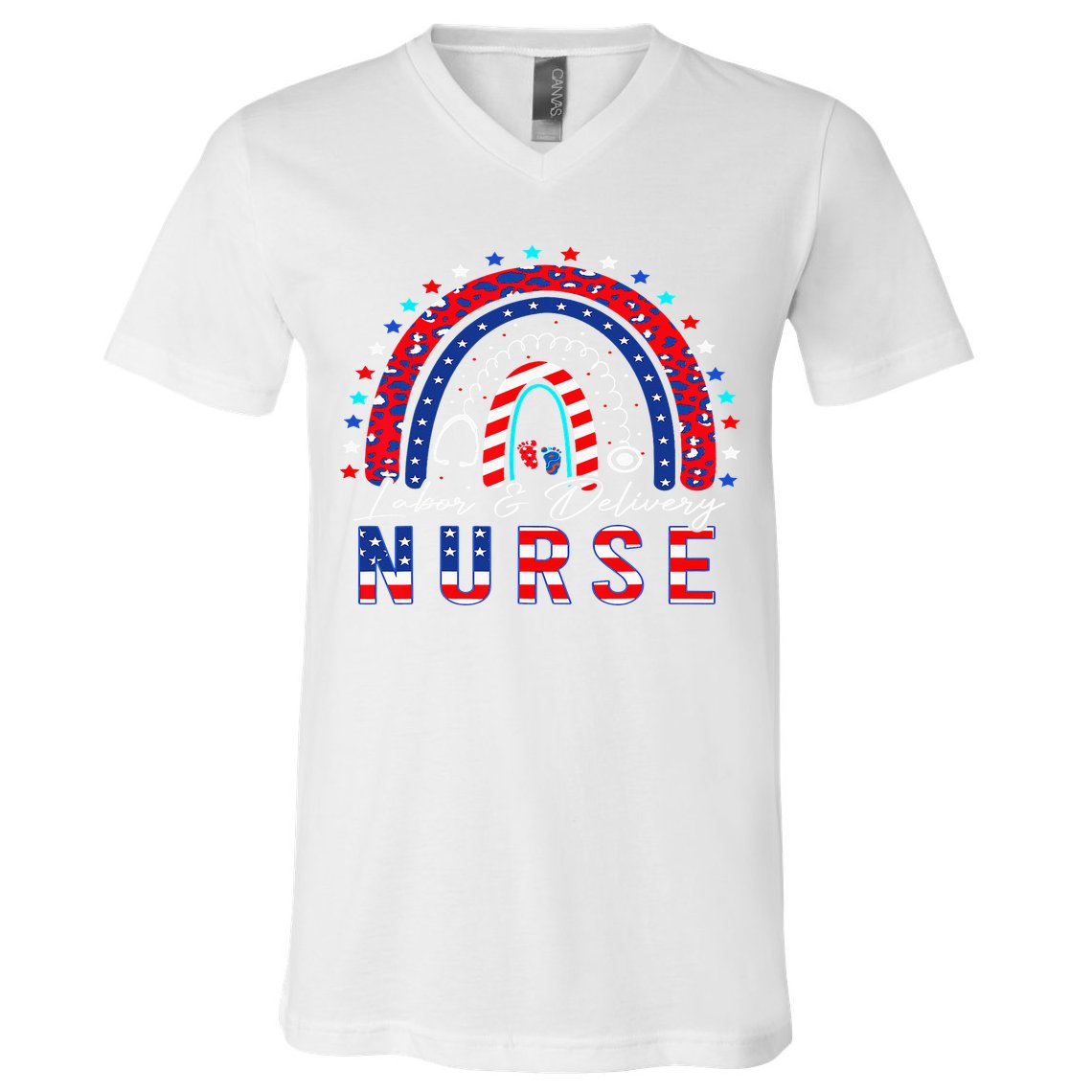 Rainbow Stethoscope Patriotic Labor Delivery Nurse 4Th July  V-Neck T-Shirt