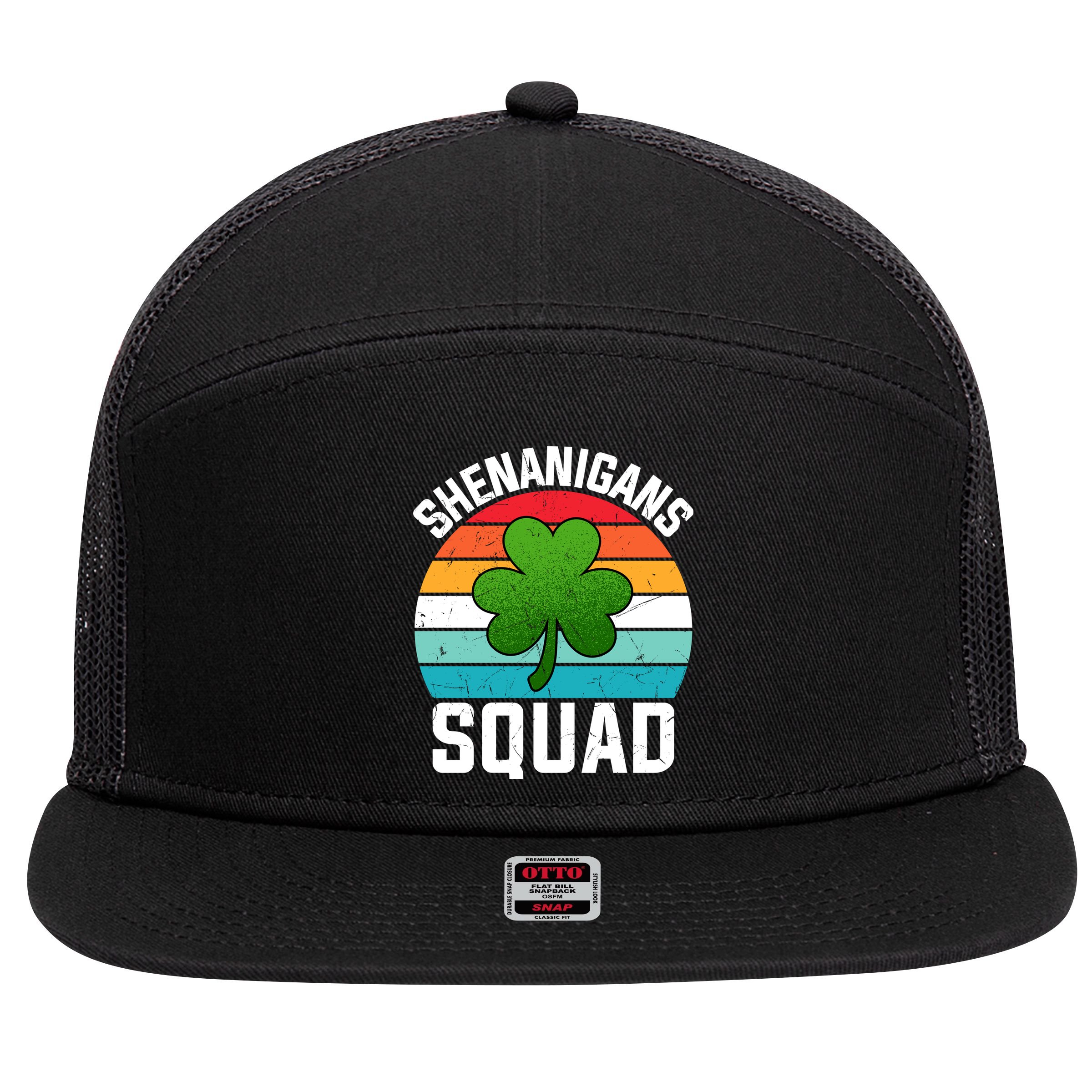 Retro St Patricks Day Shenanigans Squad Shamrock St Patricks Day 7 Panel Mesh Trucker Snapback Hat