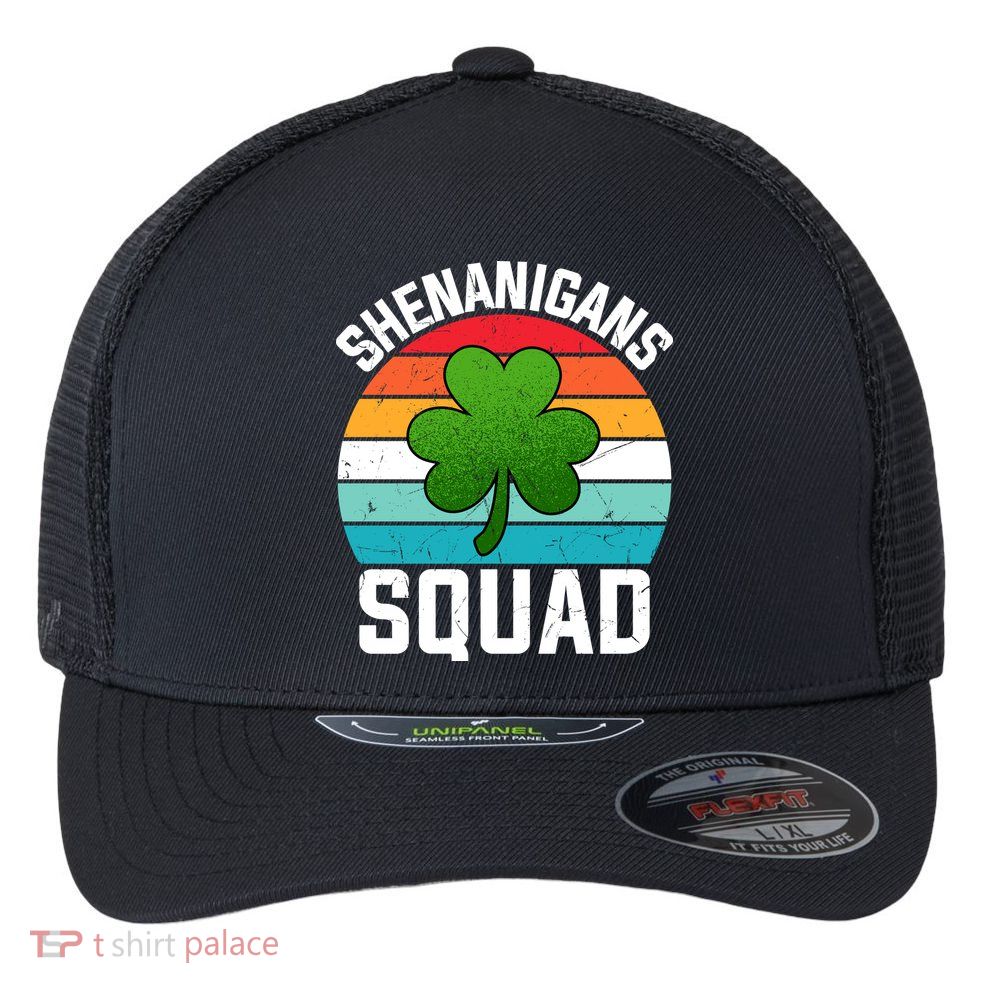 Retro St Patricks Day Shenanigans Squad Shamrock St Patricks Day Flexfit Unipanel Trucker Cap