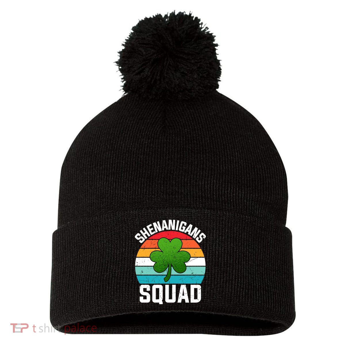 Retro St Patricks Day Shenanigans Squad Shamrock St Patricks Day Pom Pom 12in Knit Beanie
