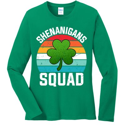 Retro St Patricks Day Shenanigans Squad Shamrock St Patricks Day Ladies Long Sleeve Shirt