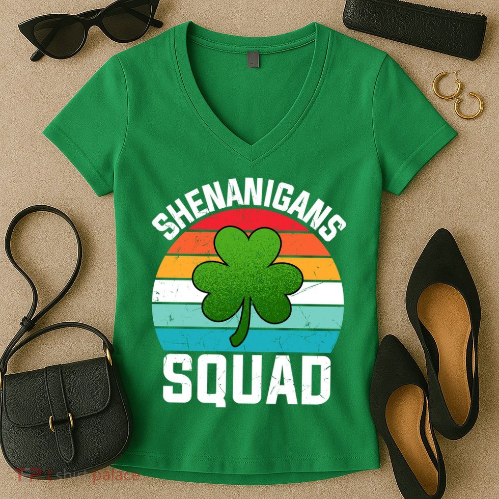 Retro St Patricks Day Shenanigans Squad Shamrock St Patricks Day Women's V-Neck T-Shirt