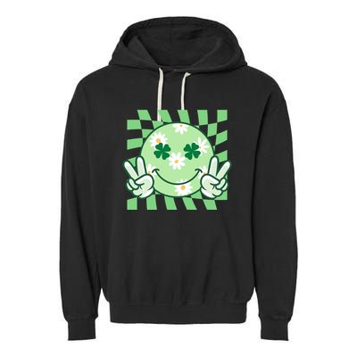 Retro St Patricks Day Smiley Emoji Peace Sign Garment-Dyed Fleece Hoodie