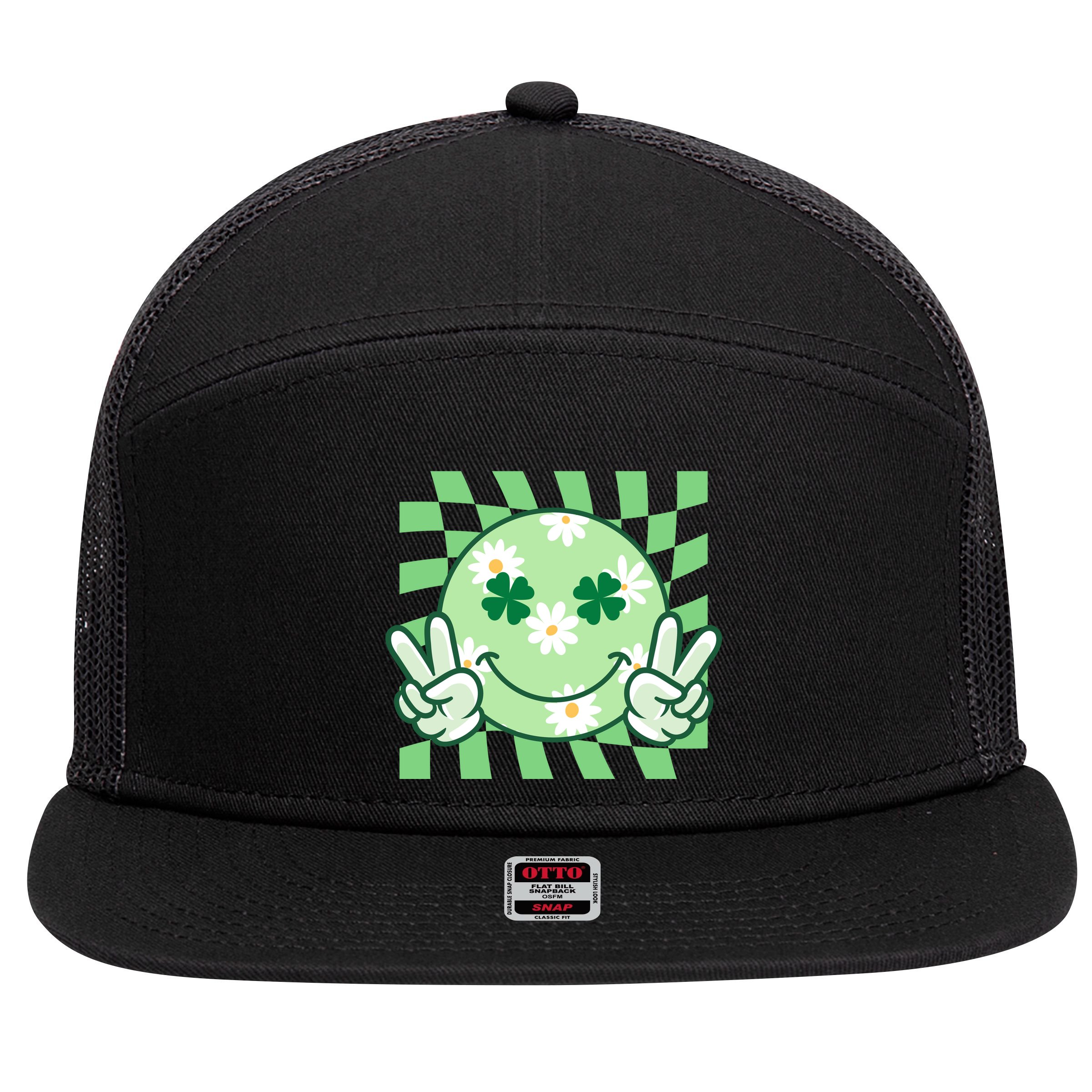 Retro St Patricks Day Smiley Emoji Peace Sign 7 Panel Mesh Trucker Snapback Hat