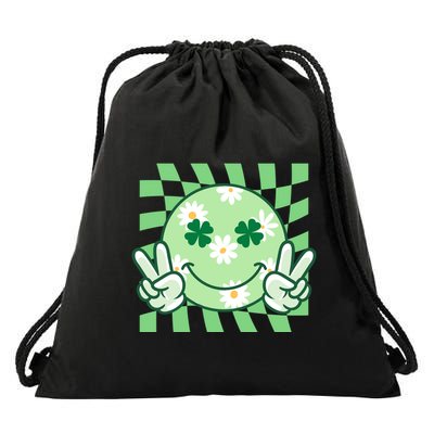 Retro St Patricks Day Smiley Emoji Peace Sign Drawstring Bag