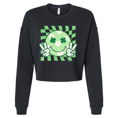 Retro St Patricks Day Smiley Emoji Peace Sign Cropped Pullover Crew