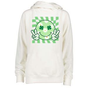 Retro St Patricks Day Smiley Emoji Peace Sign Womens Funnel Neck Pullover Hood