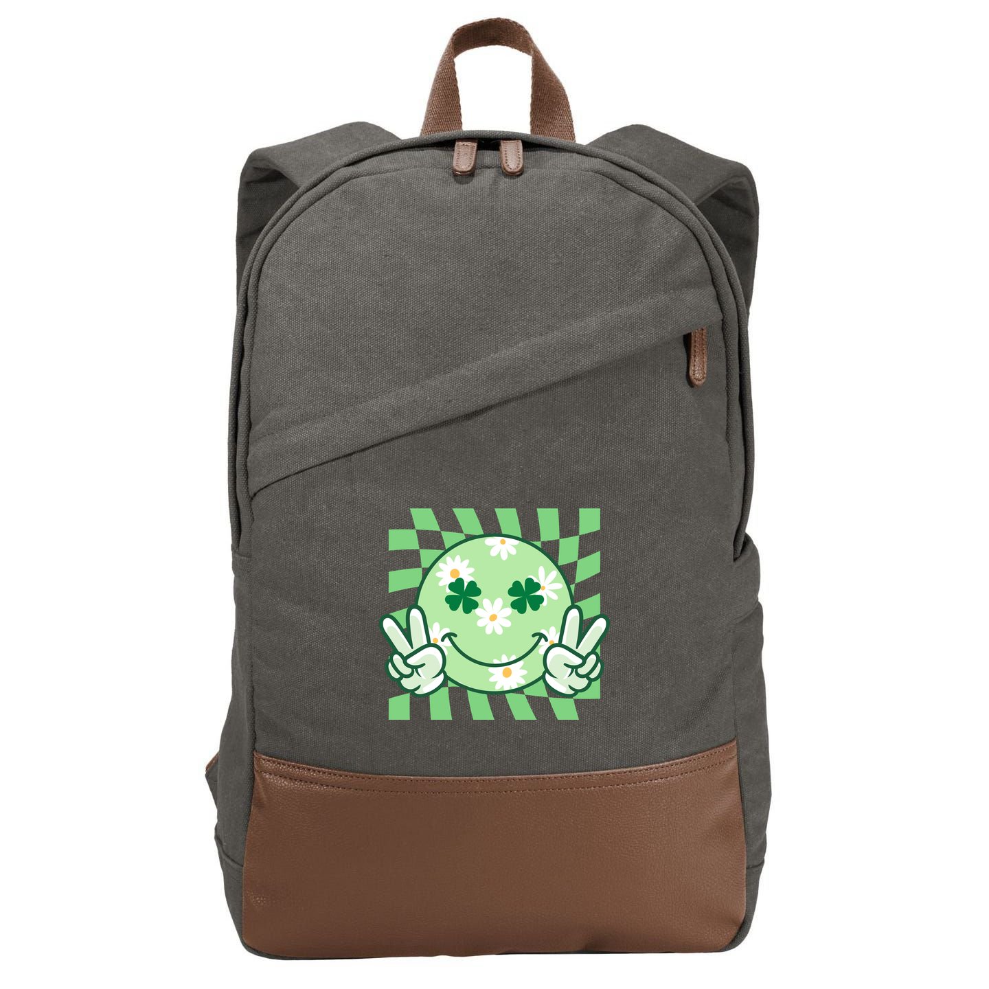 Retro St Patricks Day Smiley Emoji Peace Sign Cotton Canvas Backpack