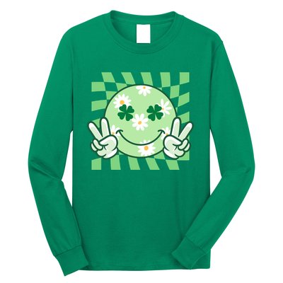 Retro St Patricks Day Smiley Emoji Peace Sign Long Sleeve Shirt