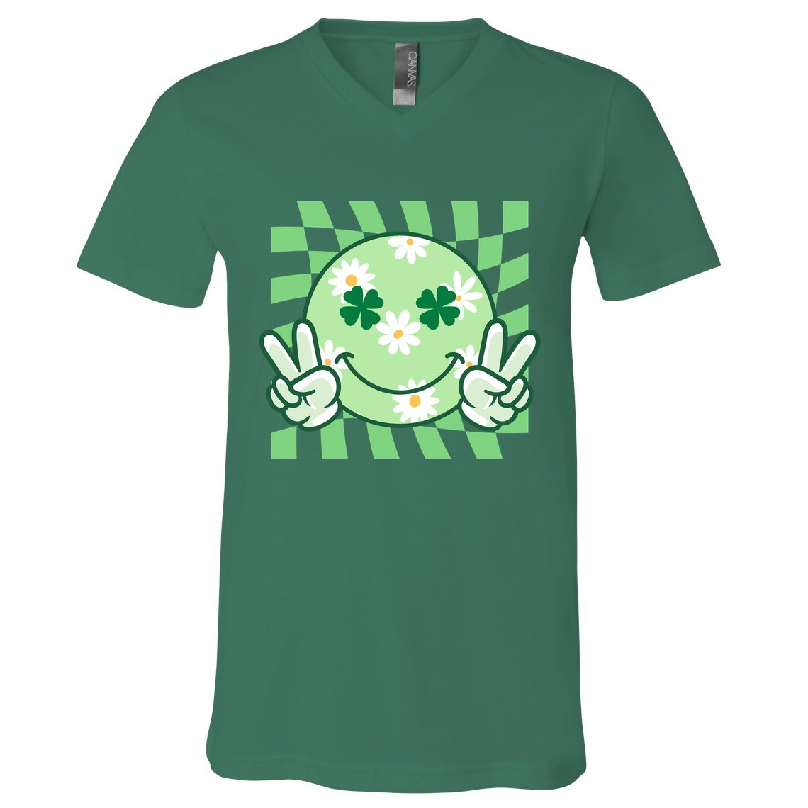 Retro St Patricks Day Smiley Emoji Peace Sign V-Neck T-Shirt