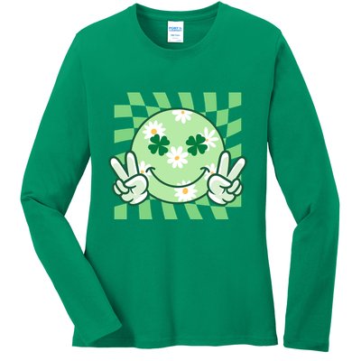 Retro St Patricks Day Smiley Emoji Peace Sign Ladies Long Sleeve Shirt