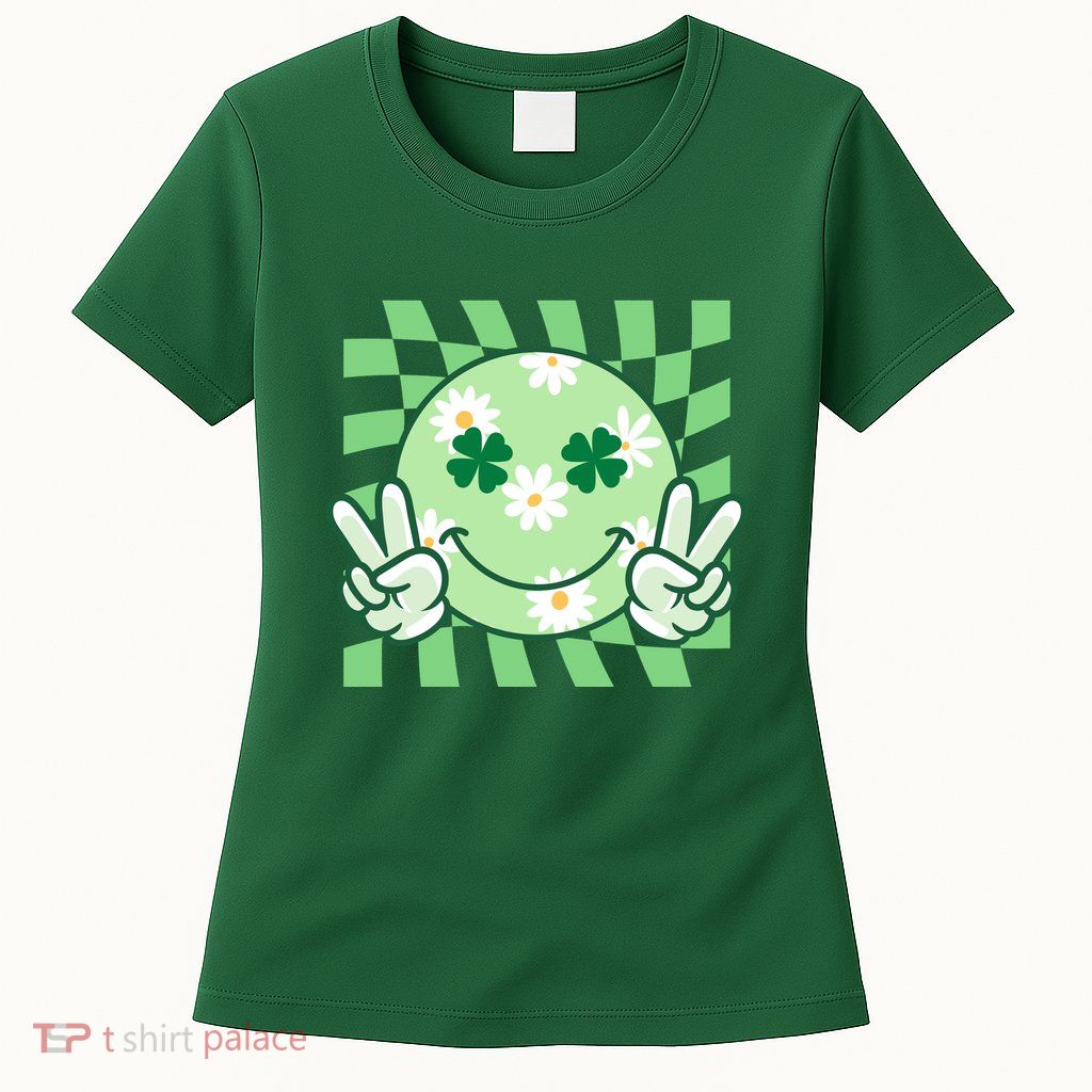 Retro St Patricks Day Smiley Emoji Peace Sign Womens T-Shirt