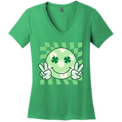 Retro St Patricks Day Smiley Emoji Peace Sign Women's V-Neck T-Shirt