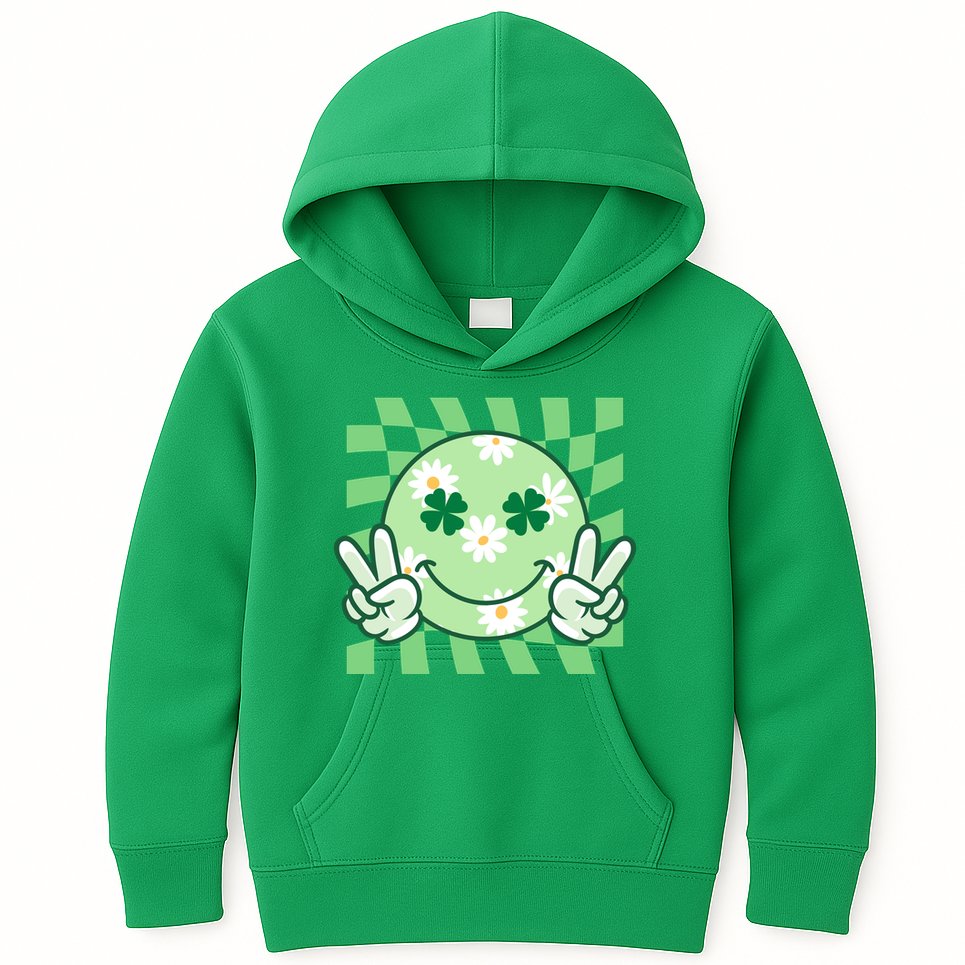 Retro St Patricks Day Smiley Emoji Peace Sign Kids Hoodie