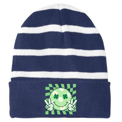 Retro St Patricks Day Smiley Emoji Peace Sign Striped Beanie with Solid Band