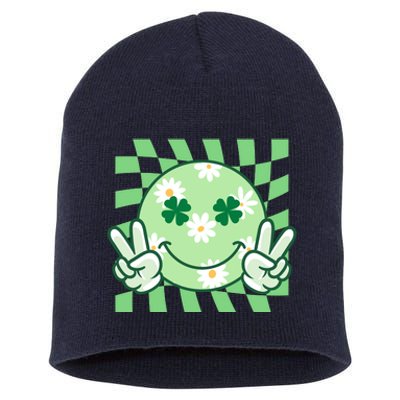 Retro St Patricks Day Smiley Emoji Peace Sign Short Acrylic Beanie