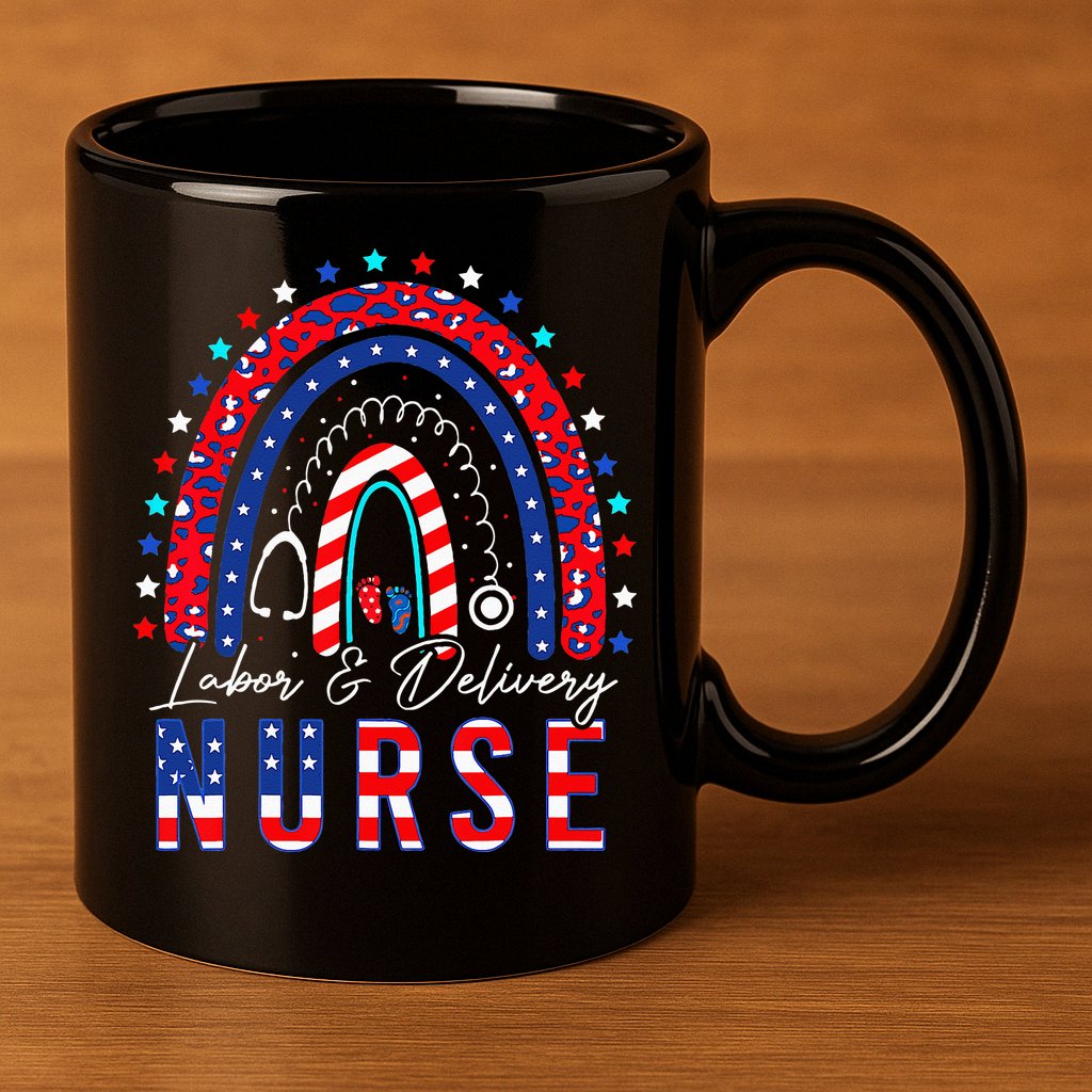 Rainbow Stethoscope Patriotic Labor Delivery Nurse 4th July 11oz C Handle Ceramic Mug