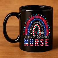 Rainbow Stethoscope Patriotic Labor Delivery Nurse 4th July 11oz C Handle Ceramic Mug