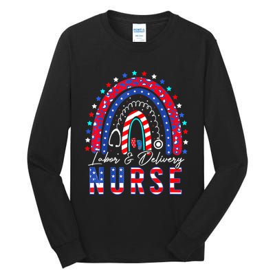 Rainbow Stethoscope Patriotic Labor Delivery Nurse 4th July Tall Long Sleeve T-Shirt