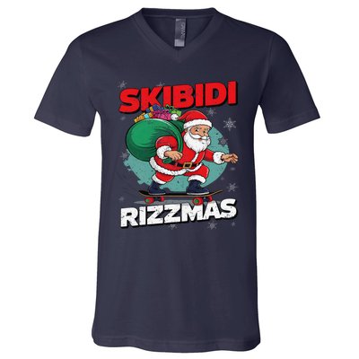 Retro Skibid.I Rizzmas Funny Santa Clause Skating Board Xmas V-Neck T-Shirt