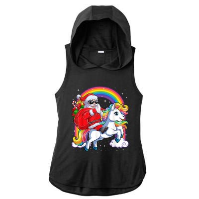 Retro Santa Riding Unicorn Christmas Rainbow Gift Ladies PosiCharge Tri-Blend Wicking Draft Hoodie Tank