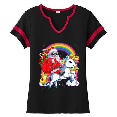 Retro Santa Riding Unicorn Christmas Rainbow Gift Ladies Halftime Notch Neck Tee